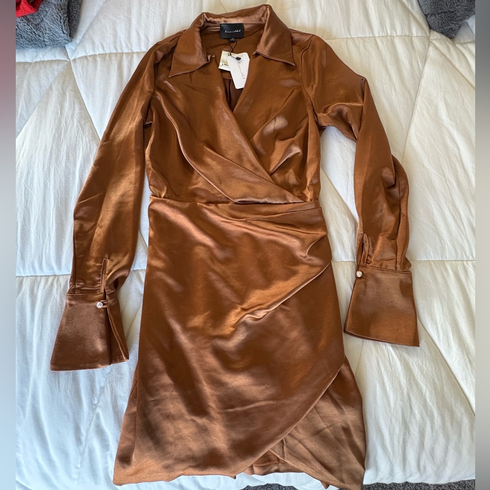 Line & Dot Bella Satin Wrap Dress in Carmel